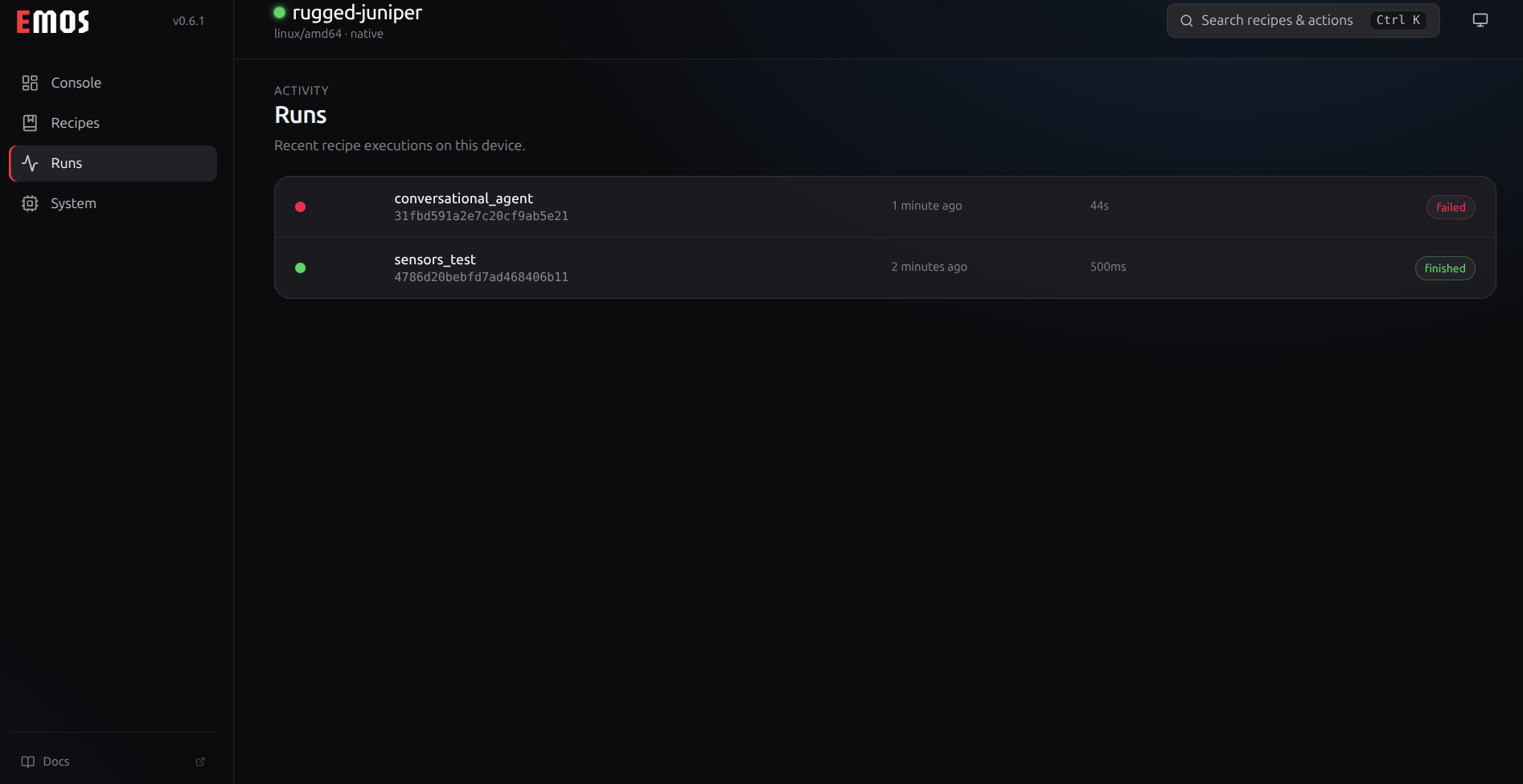 EMOS Runs Console