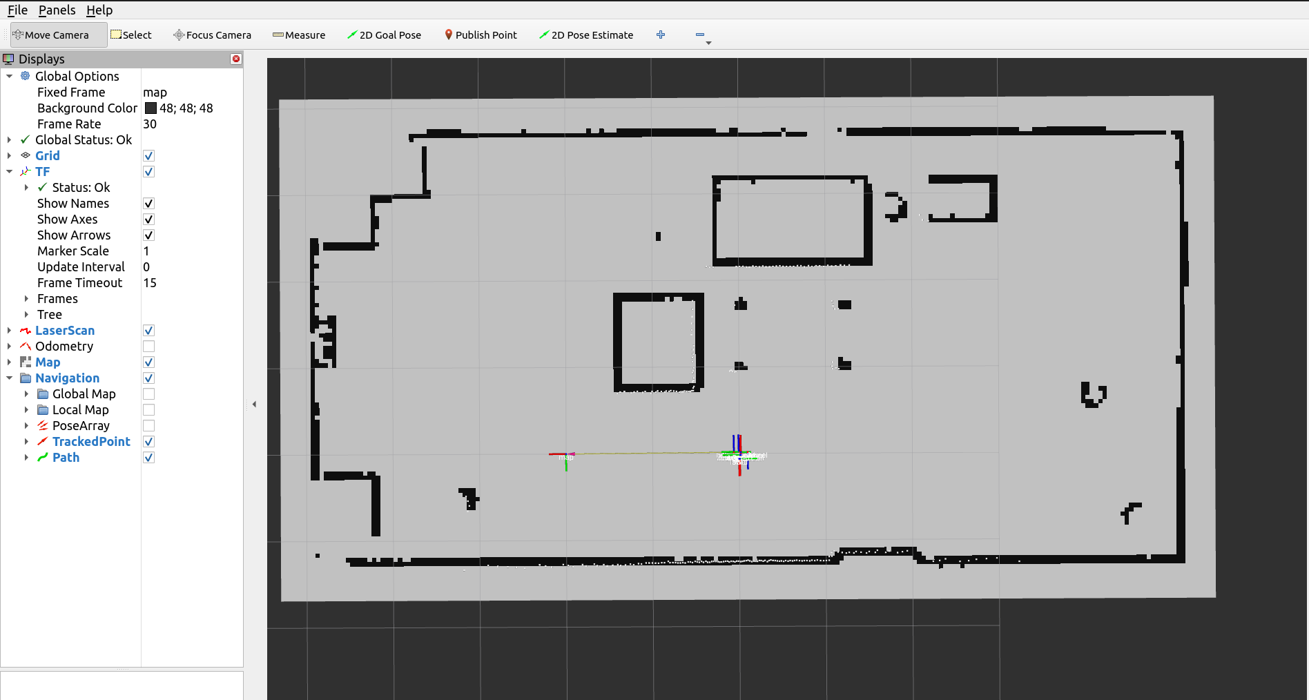 RViz showing the occupancy map of the Webots apartment with the robot's frames
