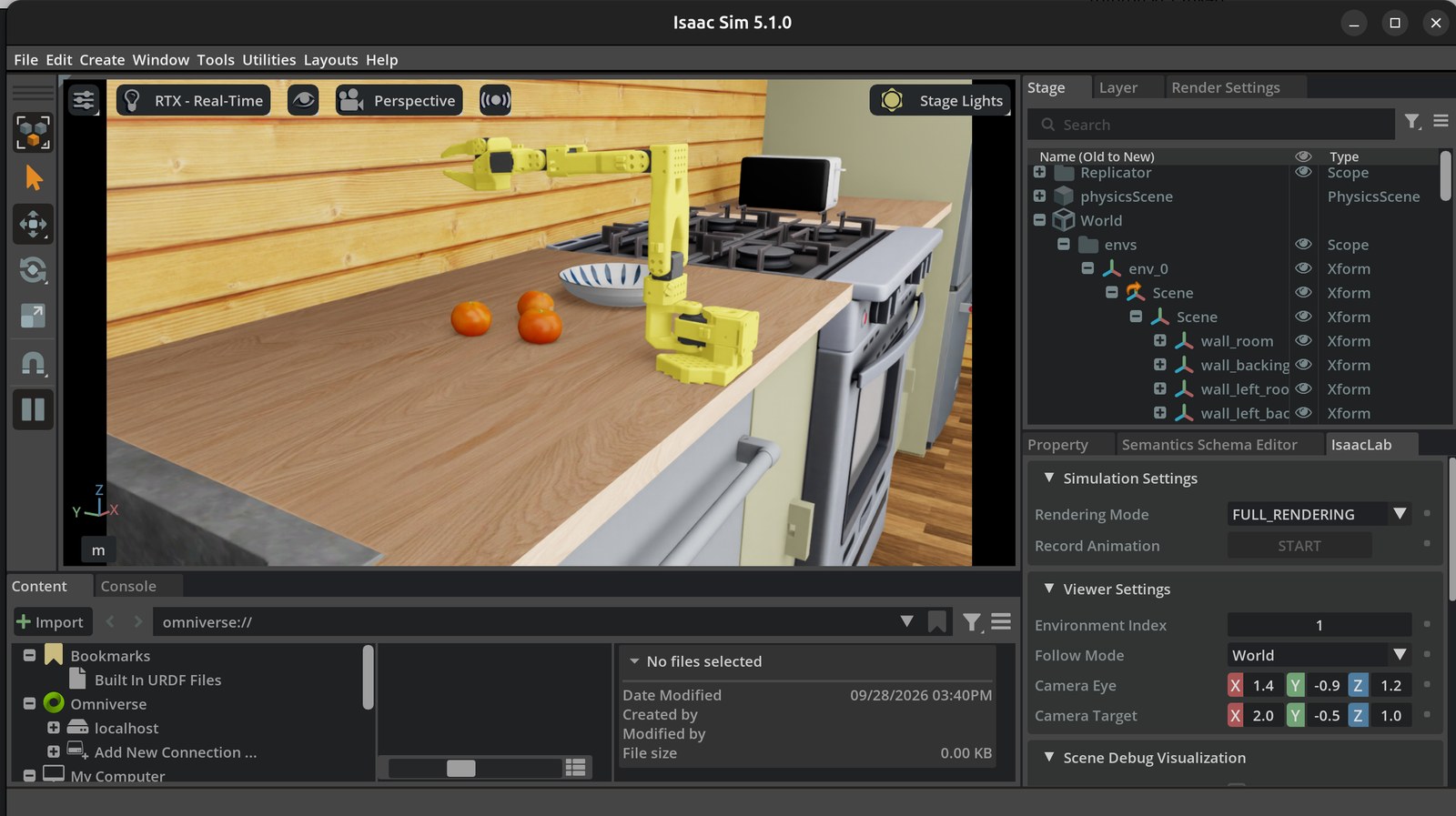 Isaac Sim with the kitchen scene, the SO101 arm, three oranges and a bowl