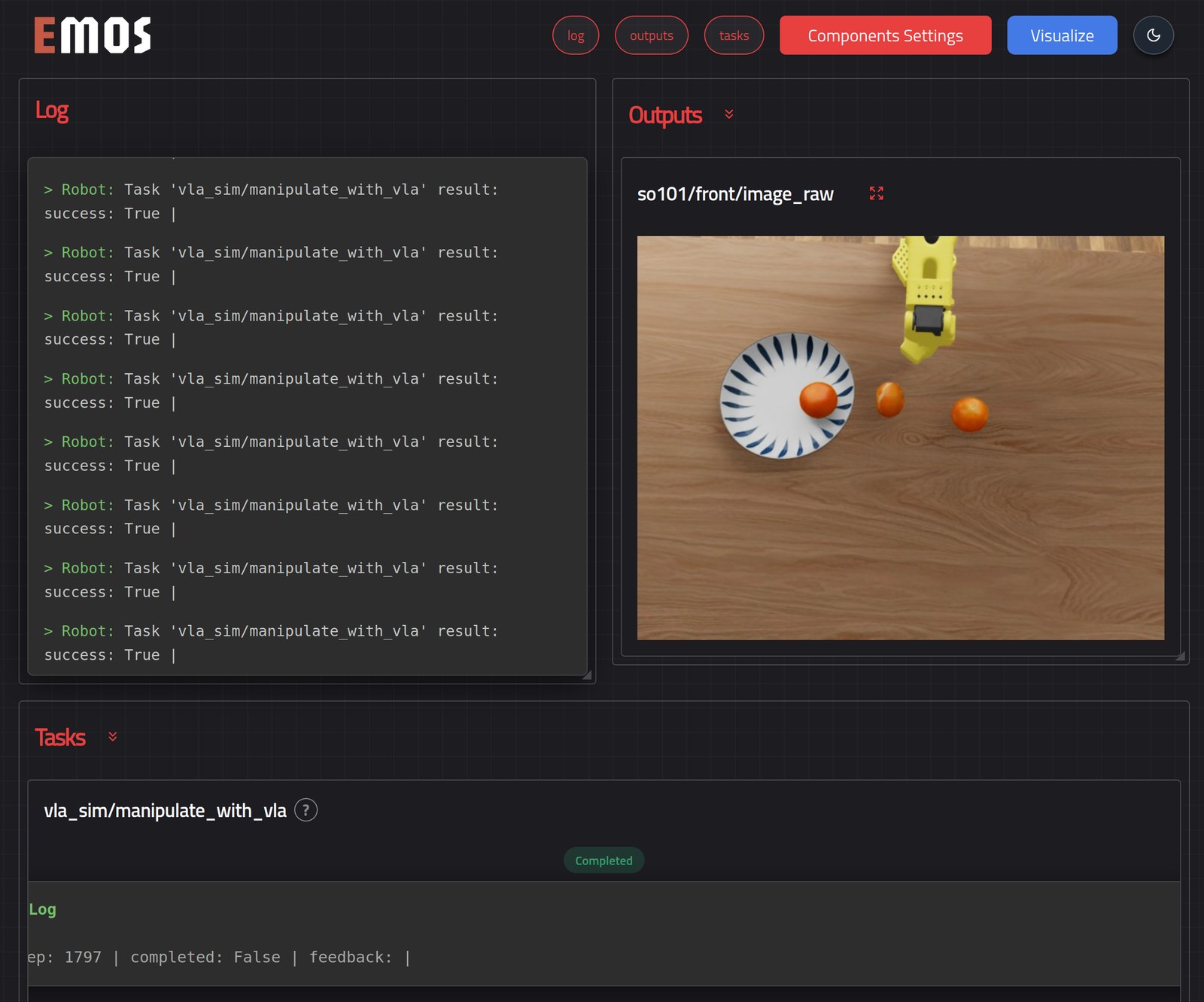 The recipe's web interface after the goal, the task completed and the results in the log