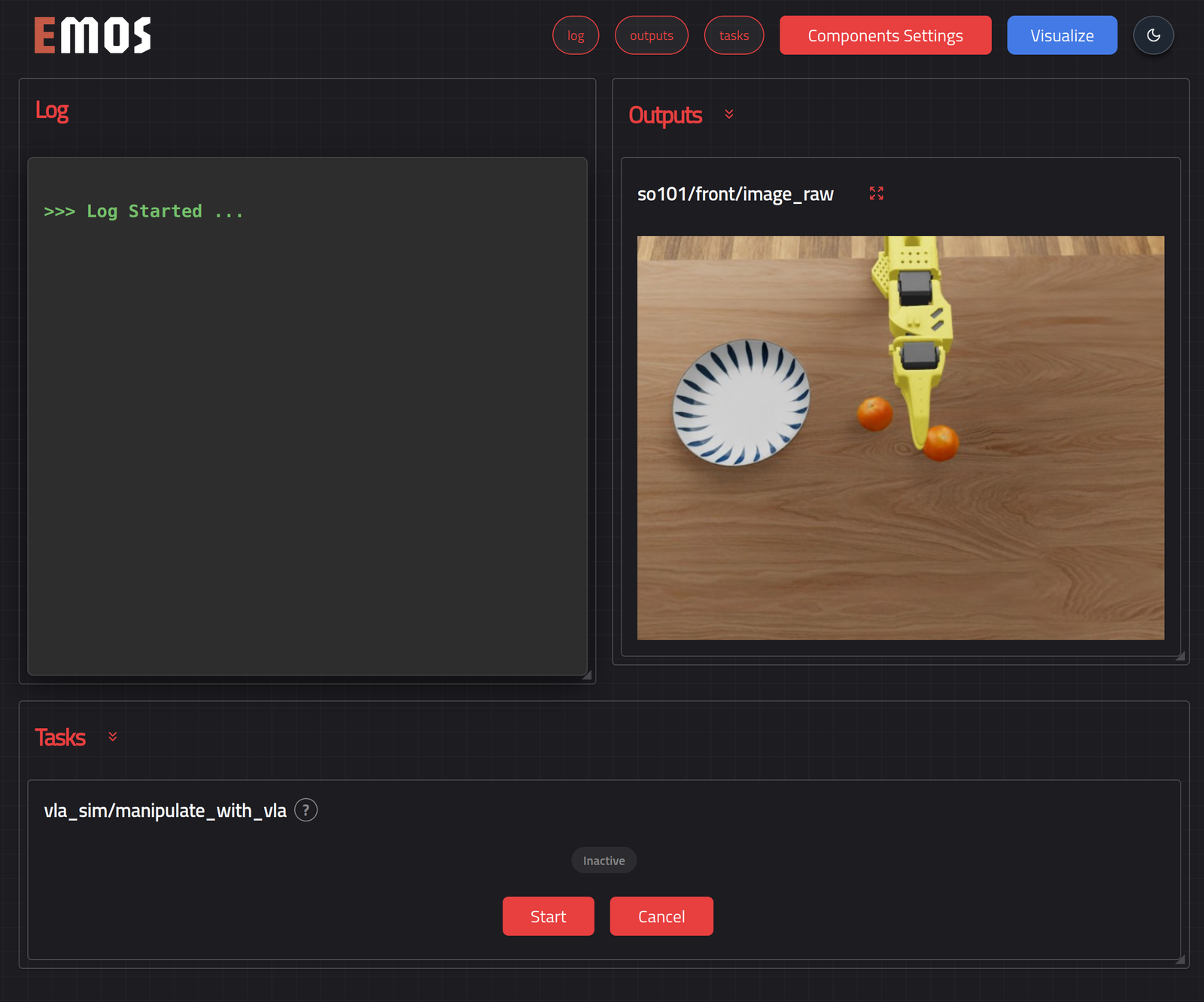 A recipe's web interface with the log, a camera output and a task card