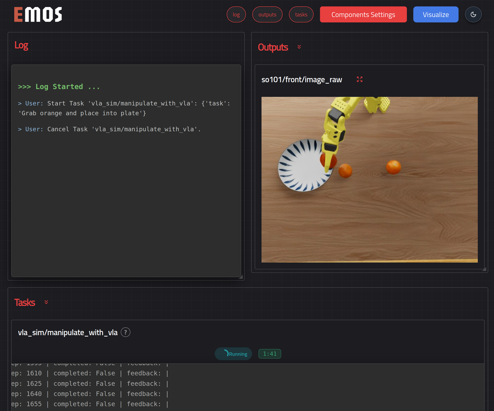 The recipe's web interface mid-episode, the task running and the arm holding an orange over the bowl