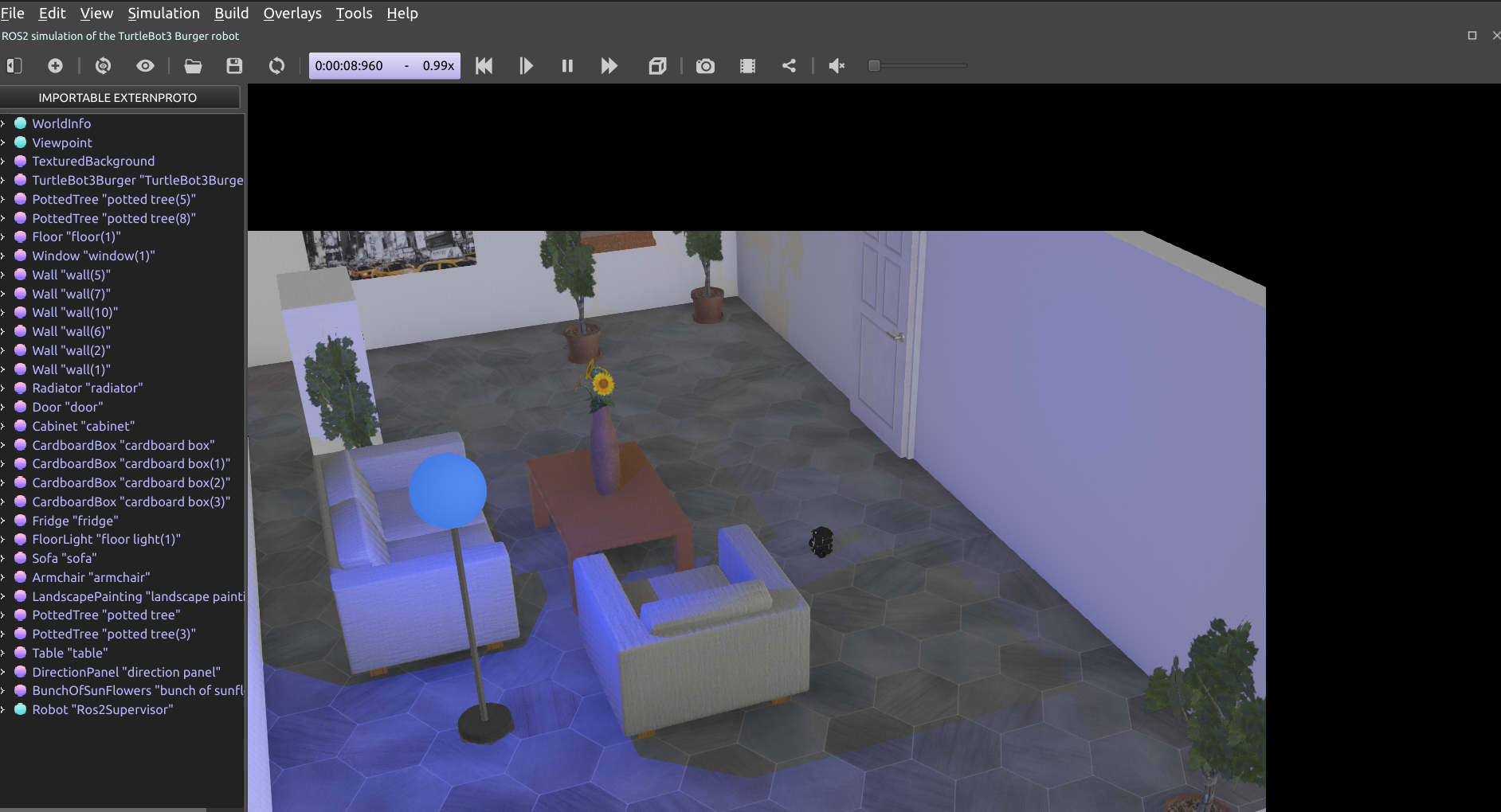Webots with the Turtlebot3 Burger in a furnished living room